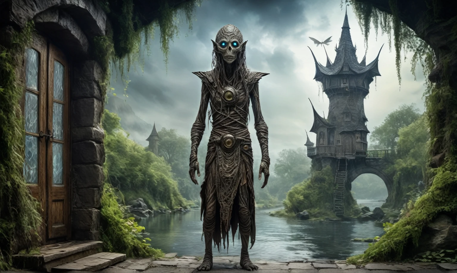 full body length shot,very beggar niobium mummy of Alien Entity,native britain half Puck, wants eat,survival,fairyland, Medieval castle ,Cinematic,soft colors, Technicolor,natural skin textures, hyper realism, hyper detailed,Extremely detailed,High contrast,Masterpiece,Realistic,Ultra Detailed, intricate details,realistic humid leather,extremly intricate,Epic Realistic, cinematic style, irina yermolova,high contrast,hdr,extremely detailed, deep night landscape,masterpiece, intricate details, eyes extremely detailed, high detailed eyes,8k resolution,retina, Nikon Z9,Norsemade,Li River ,perfect, Elf，transition between two art styles, Double contact, X-ray, Creative, vivid light, fantasy Abstract, Surrealism, super detailed, high resolution, traps against fairies between houses in air,insanity wear

