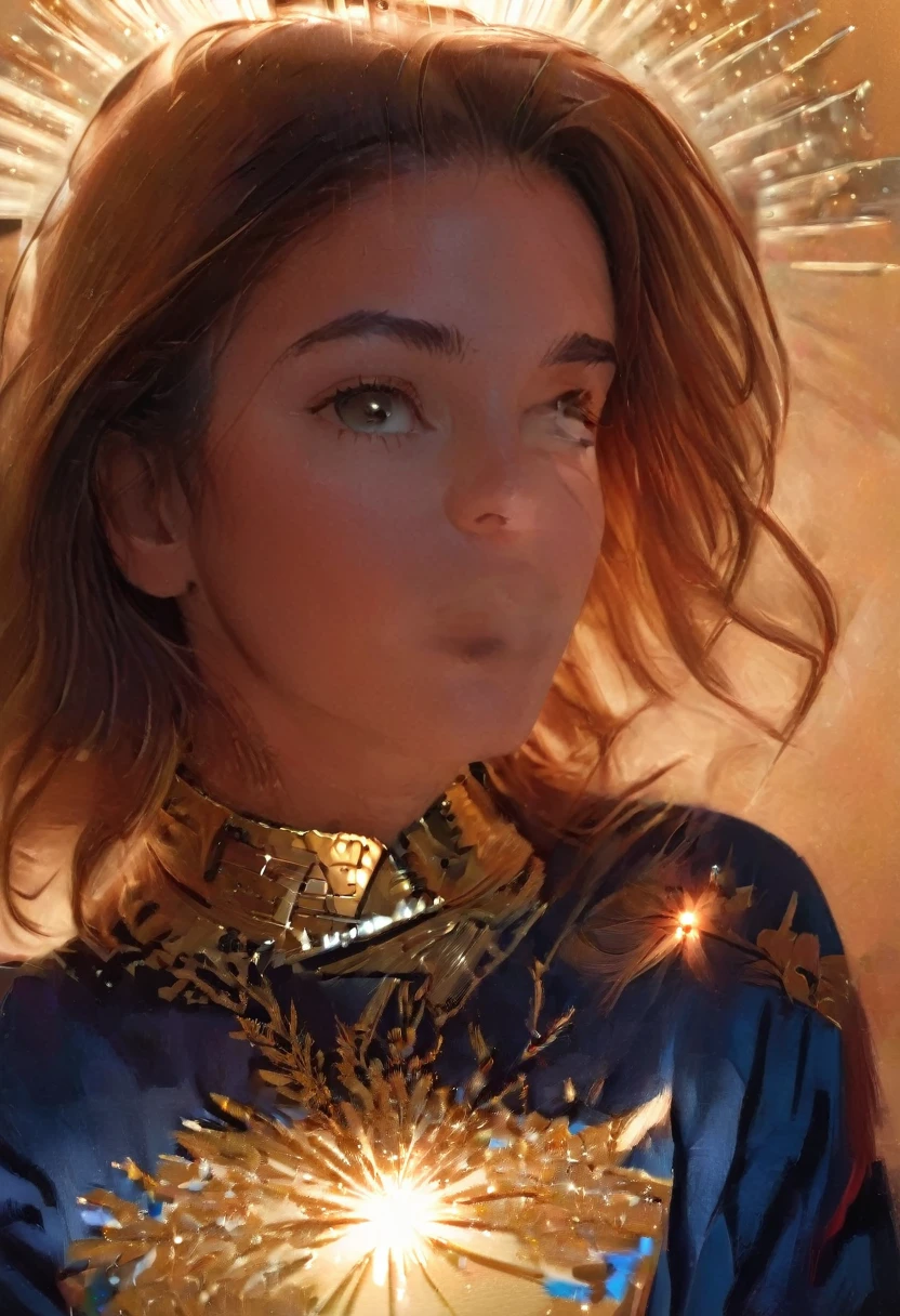 (impressionistic realism by csybgh), a woman opens a mysterious gift, golden magical light shines on her face from inside the blue giftbox, sparkling eyes, expression of joyous wonder, pure intense happiness, gldnglry, viewed from the front, facial focus, masterpiece, (perfect hands and perfect fingers)
