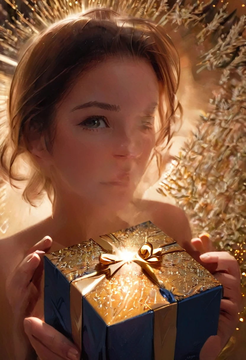 (impressionistic realism by csybgh), a woman opens a mysterious gift, golden magical light shines on her face from inside the blue giftbox, sparkling eyes, expression of joyous wonder, pure intense happiness, gldnglry, viewed from the front, facial focus, masterpiece, (perfect hands and perfect fingers)