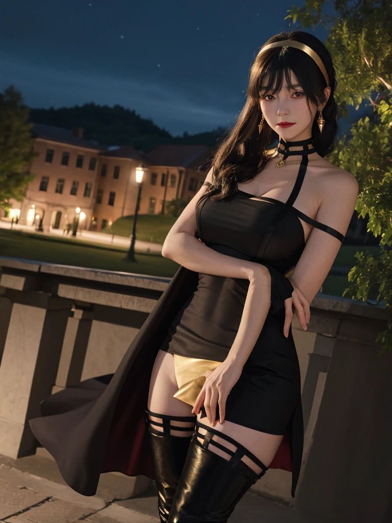 masterpiece, best quality, highres, aayorf, sidelocks, gold hairband, hair ornament, red eyes, gold earring, large breasts, choker, bare shoulders, black dress, two-sided dress, fingerless gloves, thigh boots, cowboy shot, standing, looking at viewer, outdoors, night