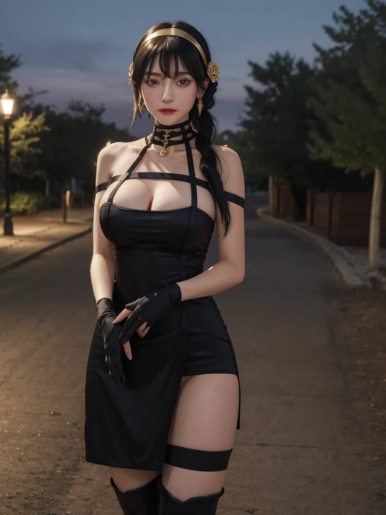 masterpiece, best quality, highres, aayorf, sidelocks, gold hairband, hair ornament, red eyes, gold earring, large breasts, choker, bare shoulders, black dress, two-sided dress, fingerless gloves, thigh boots, cowboy shot, standing, looking at viewer, outdoors, night