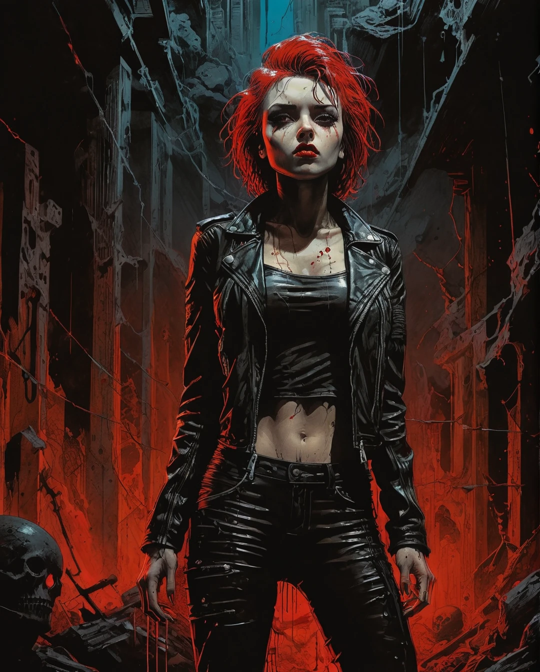 a full-body, high-resolution anime style of a rebellious female punk rocker with 80s-style gothic hair, intense red lips, leather jacket, and tight leather pants, inspired by the works of Yoshiaki Kawajiri, vibrant and edgy, with dramatic lighting and dynamic composition..., maximalist art, by Moebius and Hariton Pushwagner, (ambient occlusion, masterful, beautiful), poster art, bold lines, hyper detailed, expressive, award winning, (landscape:1.4), (intricate details, masterpiece, best quality:1.4), looking at viewer, dynamic pose, wide angle view, in the style of nicola samori , futuristic style, sleek, ultra modern, high tech, ornate by Moebius and by Marc Simonetti, clean lines, geometric shapes, Minimalist color scheme of red and cyan
mkitdecy, rust, cracks brutalism, style by Tom Jung and Drew Struzan and Tim and Greg Hildebrandt, ((style by artgerm and Greg Manchess and Ilya Kuvshinov))