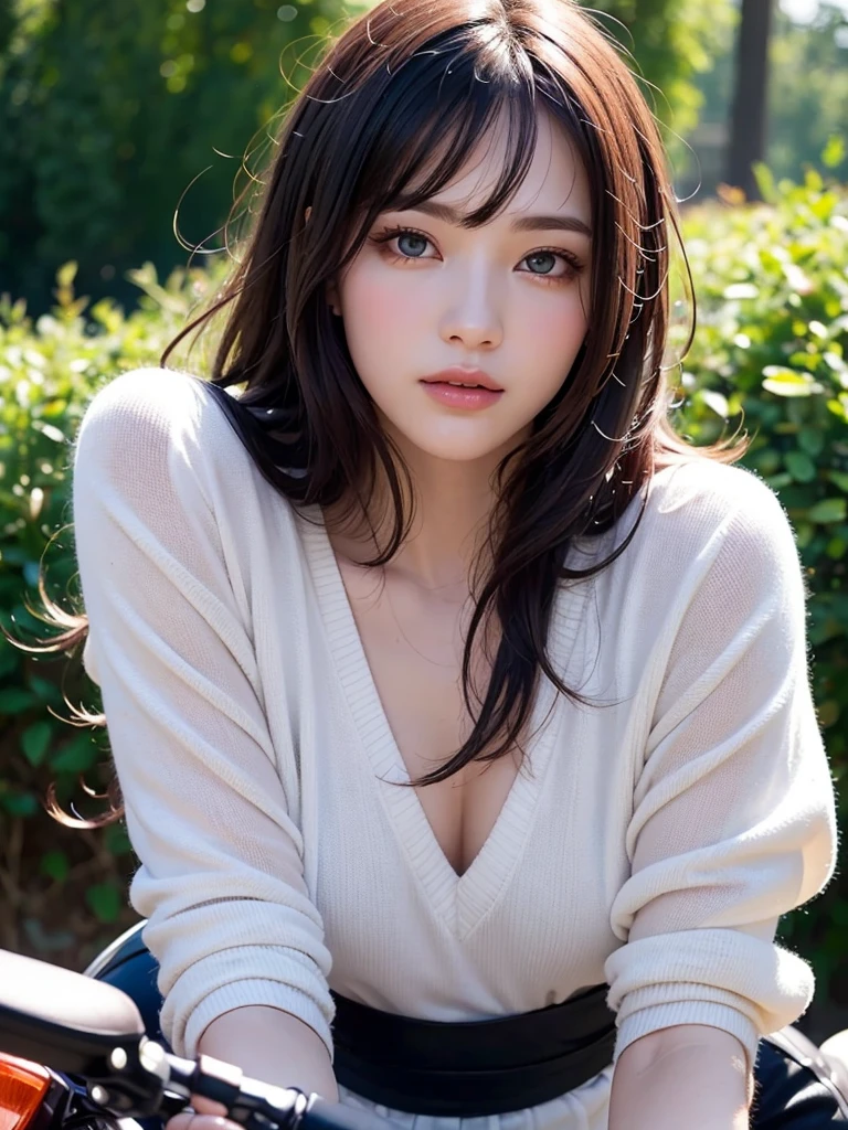 best quality, (photorealistic:1.4), Girl riding a motorcycle((daytime)),bright look、photorealism、highest quality、ultra high resolution、photograph、the most beautiful nordic girl photo、cute and beautiful face details、(small face:1.1)、(face to face with the children_V1:0.008)、beautiful bangs、alice in wonderland、17-year-old、shining white skin、hair gets tangled in face、Bangs that extend all the way to your face、bangs、hair between eyes、Curly hair、super long hair、Charming pink super long straight silky hair、thin hair、Attractive and shining beautiful bright and clear light blue big eyes、thin waist、shorts、sweater、high heels、eyeliner、double eyelid、refl (beautiful Background,detailed background:1.5), (masterpiece, best quality:1.3),beautiful detailed glow,best illuminate,(((best quality,textile shading,ultra detailed))),extremely detailed CG unity 8k wallpaper,Highly Detailed beautiful and aesthetic,best light,high resolution,detailed,dynamic lighting,super detailed skin,intricate details, hyper detail, sharp detail,detailed, highres, intricate details,(delicate facial features:1.3), (very wide:1.3),(panorama view:1.3),(sense of depth:1.5),(long shot:1.3),(magnificent view:1.3),(pale skin:1.3)、