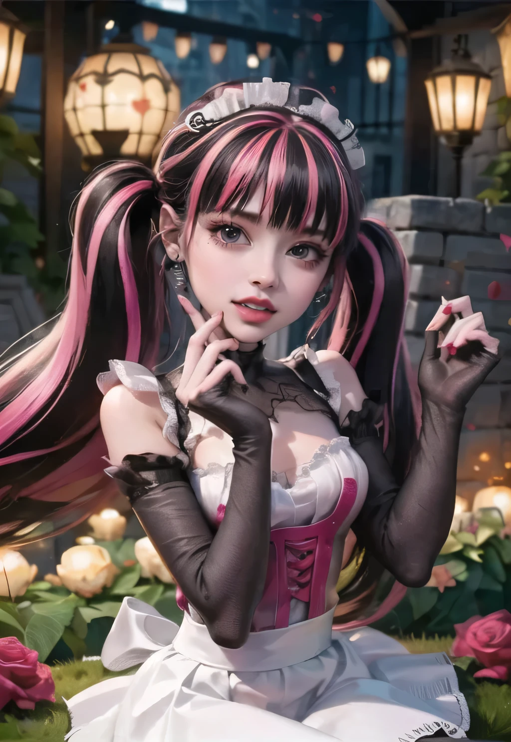 1girl, vampire girl, vampire fangs, centered, award winning upper body portrait, cowboy shot, (looking at viewer:1.2), Draculaura_MH, solo, black half hair, pink half hair, multicolored hair, long hair, white skirt, pink knee boots, smiling, garden scenery, japanese lanterns, dark red roses, depth of field, cinematic composition, ((high quality)), ((Work of art)), (more detail), half black hair, half soft pink hair, wave hair, pink heart in the eyes, smile, vampire fangs, maid dress, black maid headdress, black maid apron, bat wings, pink skirt, black dress with transparency, pink laces, black gloves, black high socks, high hills boots, bat jewelry, jewelry, seat on the grass, dark red roses on focus, Draculaura_(monster high), Monster High, looking at the viewer, more details on the clothes,