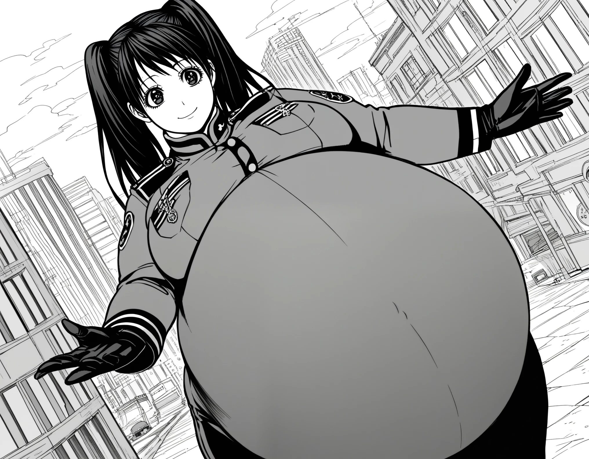 score_9, score_8_up, score_7_up, source_anime,
lenaleelee, lenalee lee, long hair, bangs, twintails, monochrome, greyscale,
gloves, uniform, military, military uniform,
outdoors, cityscape, smile, bent over,
looking at viewer, solo, cowboy shot, dutch angle,best quality, high resolution, unity 8k wallpaper, (illustration:0.8), (beautiful detailed eyes:1.6), extremely detailed face, perfect lighting, extremely detailed CG, (perfect hands, perfect anatomy),extremely obese, (obese belly):1.7, (obese legs):1.5, fat rolls, SSBBW Adeline body,(thicc:0.5), (WeightImmobile:1.3), (obese:1.2) (round face:1.3), huge belly, wide hips, from below, discoelysium, legs spread, muffin top, pudgy, Big Bump pregnant, Big , Big pregnant Belly, Big Pregnant girl, Largest Belly of Pregnant, Huge Pregnancy, Huge 9 months Pregnancy Belly, huge belly expansion, huge belly girl, morbid obesity,800lbs,enormous fat belly, rolls of fat, fat thighs, Massively Bloated Abdomen, ridiculously large spherical Belly, oversized spherical stomach, ridiculously oversized pregnant belly, huge stomach