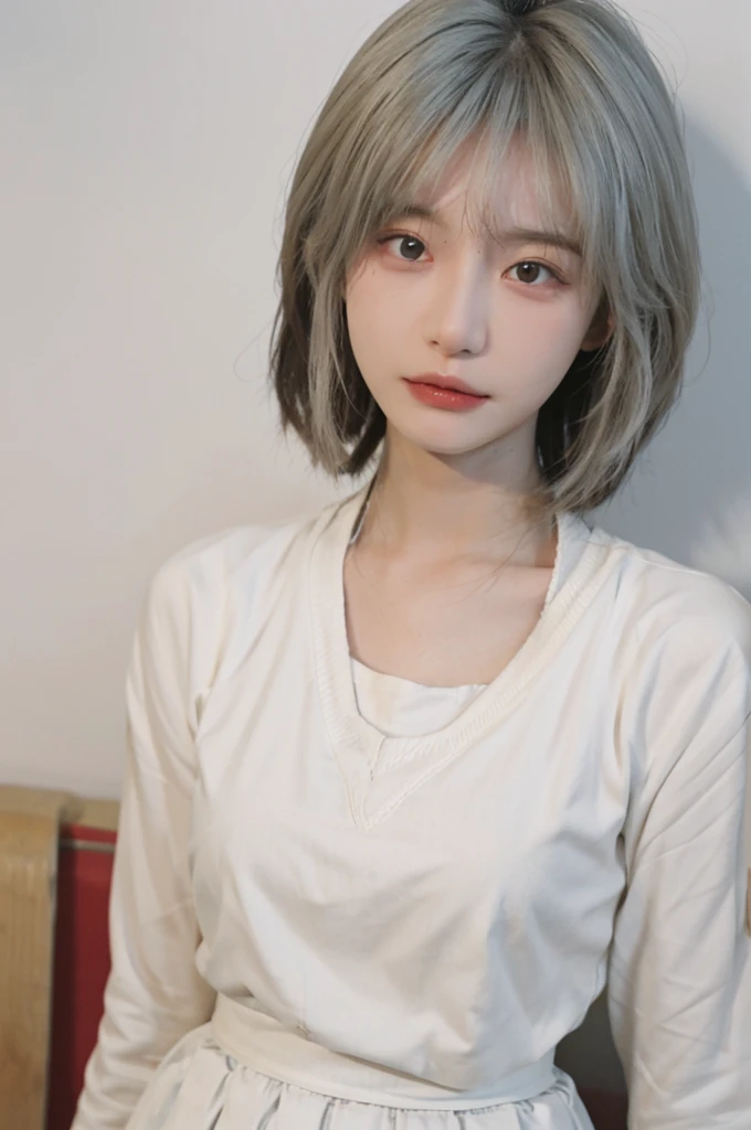Beautiful woman with perfect figure:1.4,Ultra-high resolution,White background,(lifelike:1.4),Layered Hairstyle,Lipstick,White skin,Super short pleated skirt,whole body,Very delicate face and skin texture,Double eyelids,Skin Whitening,short hair,White hair