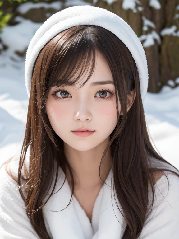 one girl, (a beauty girl, delicate girl:1.3), (24-years-old:1.3),
break, (Put a towel on your head),
break, Definition of very fine particles, (Symmetrical eyes:1.3),
break, (Hot spring with snowy scenery:1.3),smile:1.1、From below、freckles、Soak in the hot springs、Butt、
break, Small breasts, Brown eyes, Parted bangs, Brown Hair,  girl,blush、bring up、(Close ~ eyes)、
break, (Eye and facial details:1.0),Drooping eyes、
break, (masterpiece, highest quality, Very detailed, Detailed face, 8k)