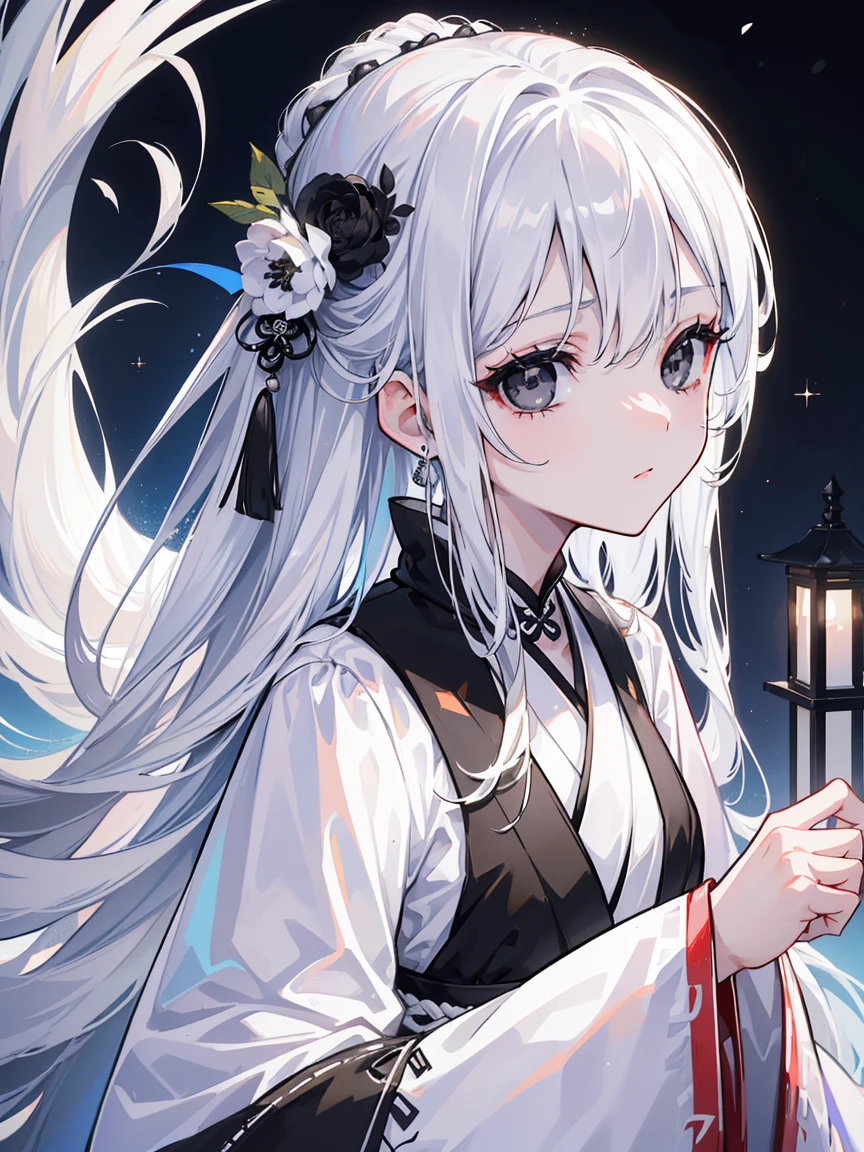 (Top image quality)、(Ultra Detailed)、(Facing forward)、top quality、masterpiece、(((1 girl)))、Silver Hair、white hair、((Long hair))、(black eyes:1.6)、(Hanfu)