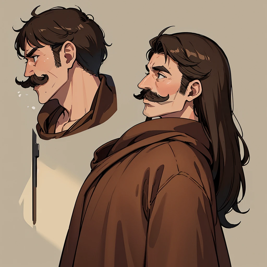 ((((Solo))))、highest quality, Best Quality,Best illustrations、middle ages、(((Simple brown robe)))、(((40-year-old uncle、Kaiser moustache)))、(From the side、profile)