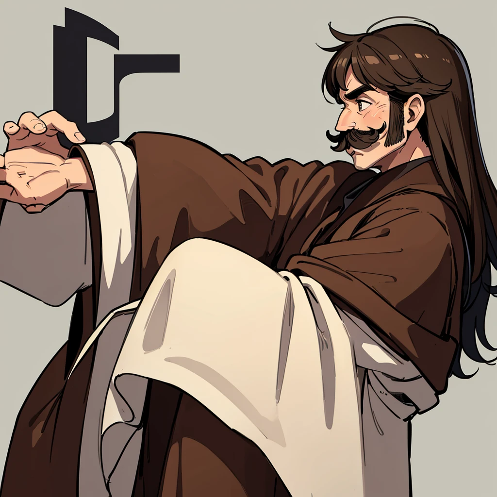 ((((Solo))))、highest quality, Best Quality,Best illustrations、middle ages、(((Simple brown robe)))、(((40-year-old uncle、Kaiser moustache)))、(From the side、profile)