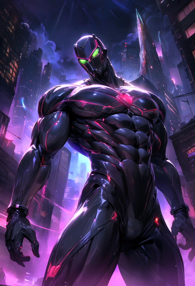 chrome gothic dark night black noir, very strong muscle, chrome dark cibernetic suit, city around, night, dark energy around, luminous eyes, dark cosmic rays around of the body, ultra 8k high quality, masterpiece