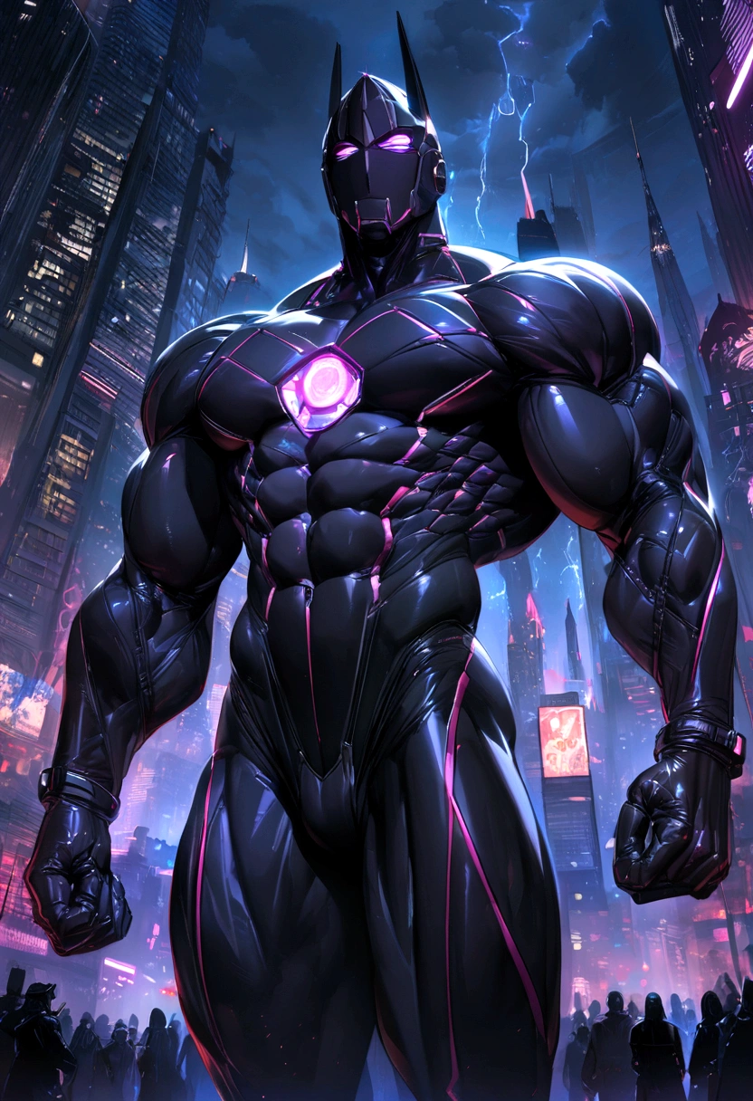 chrome gothic dark night black noir, very strong muscle, chrome dark cibernetic suit, city around, night, dark energy around, luminous eyes, dark cosmic rays around of the body, ultra 8k high quality, masterpiece
