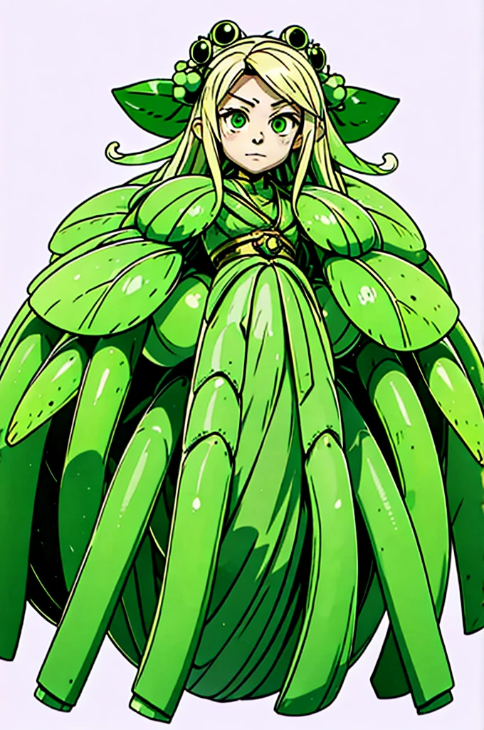 1girl, arachnid body blonde long hair, green clothes, green eyes, flat chest, background filled with insects, main character, boss style, hades style, hadesstyle, hades2style, hades 2 style, Arachne, Arachnea, silk weaver, insect lover, insects crawling
