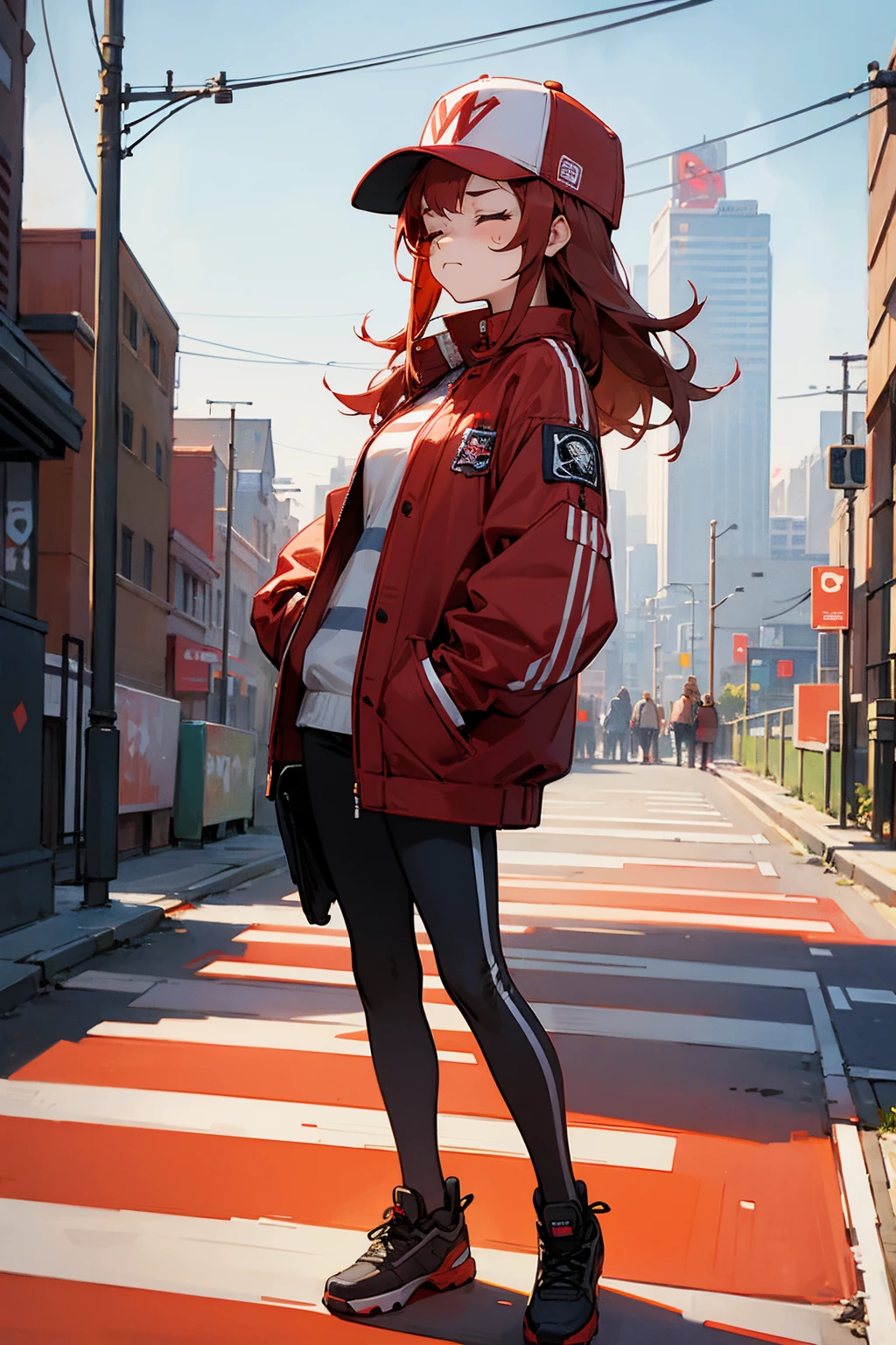 1female, baseball cap, closed eyes, red hair, frowning, red striped jacket, streaked clothing, city background, detailed background, hands to side, standing on path