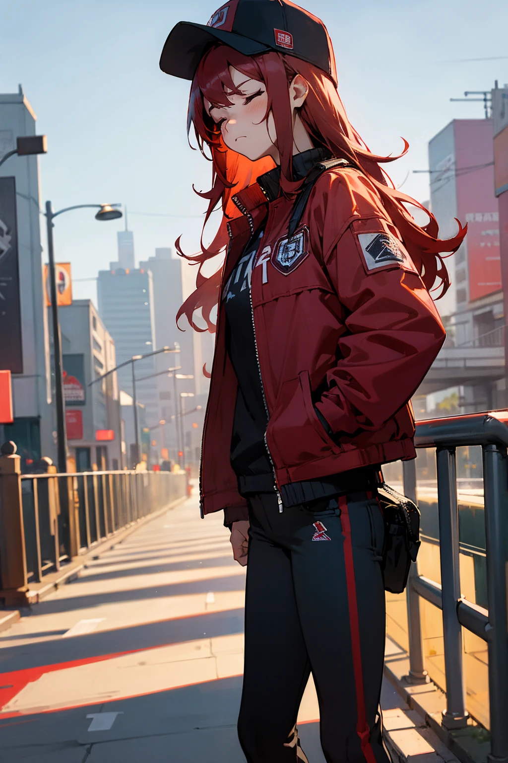 1female, baseball cap, closed eyes, red hair, frowning, red striped jacket, streaked clothing, city background, detailed background, hands to side, standing on path