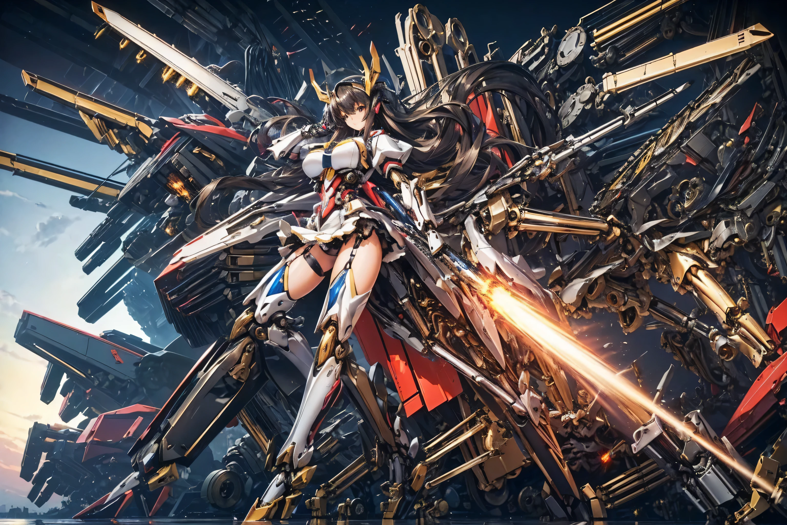 (masterpiece, top quality, best quality, official art, beautiful and aesthetic:1.0), (8k, best quality, masterpiece:1.2), (large breasts:1.2), long hair, black thighhighs, high heel, (microskirt:1.1), open clothes, garter belt, (mecha musume:1.4), (mechanical parts:1.7), tu-22 bomber,