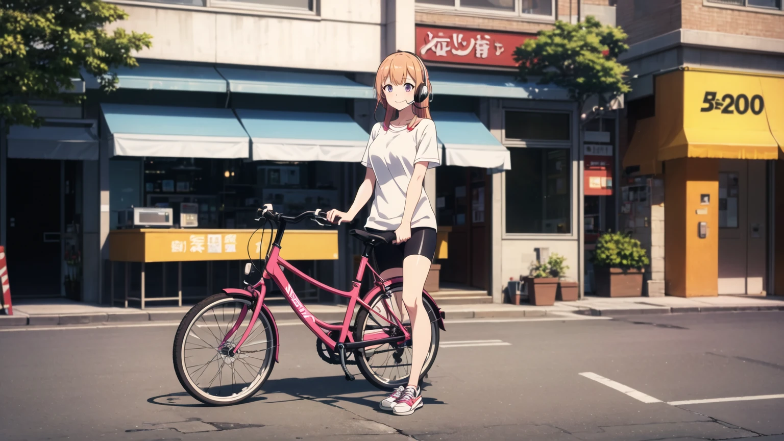 (8k, High resolution, Best Quality, Masterpiece:1.2), Lo-Fi, Relaxed girl listening to music with a headset 1, bicycle, smile, はにかんだsmile, In the city, neon