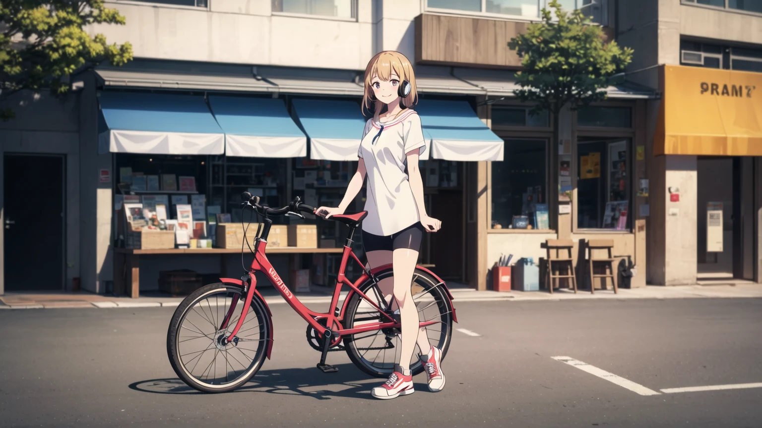 (8k, High resolution, Best Quality, Masterpiece:1.2), Lo-Fi, Relaxed girl listening to music with a headset 1, bicycle, smile, はにかんだsmile, In the city, neon