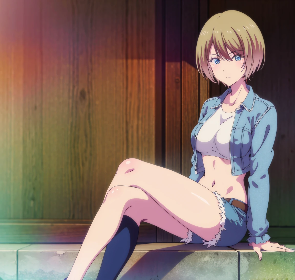 masterpiece, best quality, highres, akane hououji,full body,1girl, solo, short hair, blonde hair, blue eyes, ,crop top, denim jacket,jean shorts, midriff, underboob,high heels,crossed legs, legs, sitting, big breasts, medium waist, wide hips, medium thighs, good anatomy, good hands