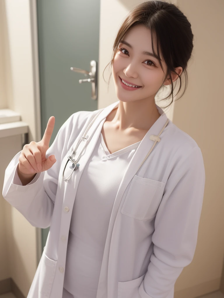modern hospital room, 1girl, beautiful slim Korean woman, wearing (white lab coat:1.47), scrubs, solid circle eyes, ccurate, sparkling eyes, (((fingersmile))), (medium shot), high detail, photo-realistic:1.37, 8k, super detail, best quality, masterpiece, anatomically correct, super detail, textured skin, extremely detailed face and eyes, detailed facial features, ((perfect face))