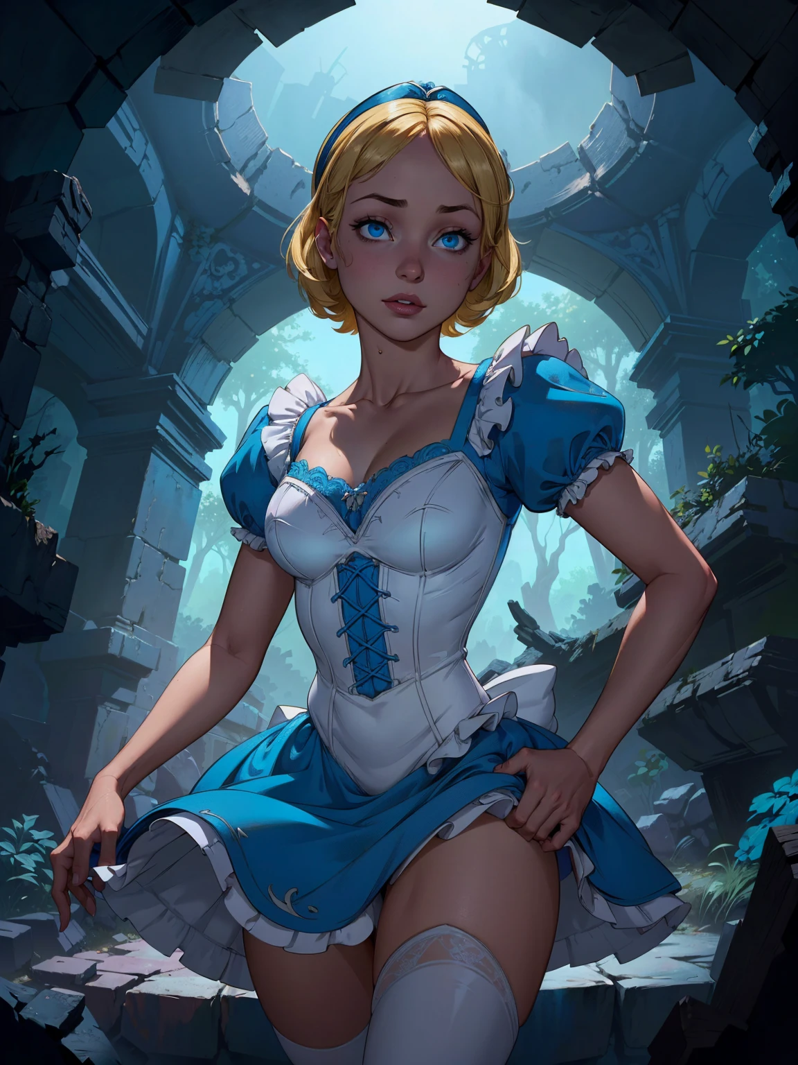(La mejor calidad,A high resolution,Ultra - detallado,actual),((Alice Wonderland)), (((baby Doll transparent corto azul))), medias white muslo, ((cabello largo amarillo)), ,(Fondo de ruinas de mazmorra en ruinas bosque tenebroso cyberpunk :1.4 ), More detailed 8K.motor irreal:1.4,UHD,La mejor calidad:1.4, fotorrealista:1.4, textura de la piel:1.4, obra maestra:1.8,obra-prima, mejor calidad,objeto Objeto], (detailed face features:1.3),(Las proporciones correctas),(Ojos hermosos azules:1.4 ),  (pose vaquero),( Alice Wonderland:1.4), (Alice Wonderland V2.1), (perfect anatomy :1.4),( no mutaciones), (Alice Liddell Disney:1.4), (dynamic cowboy pose), (face detailed :1.4), (mostrando panties), (cinematic lighting :1.4), (estilo encaje lingerie white :1.4),( Jenna Ortega :1.4), (Jenna Ortega V2.1) 