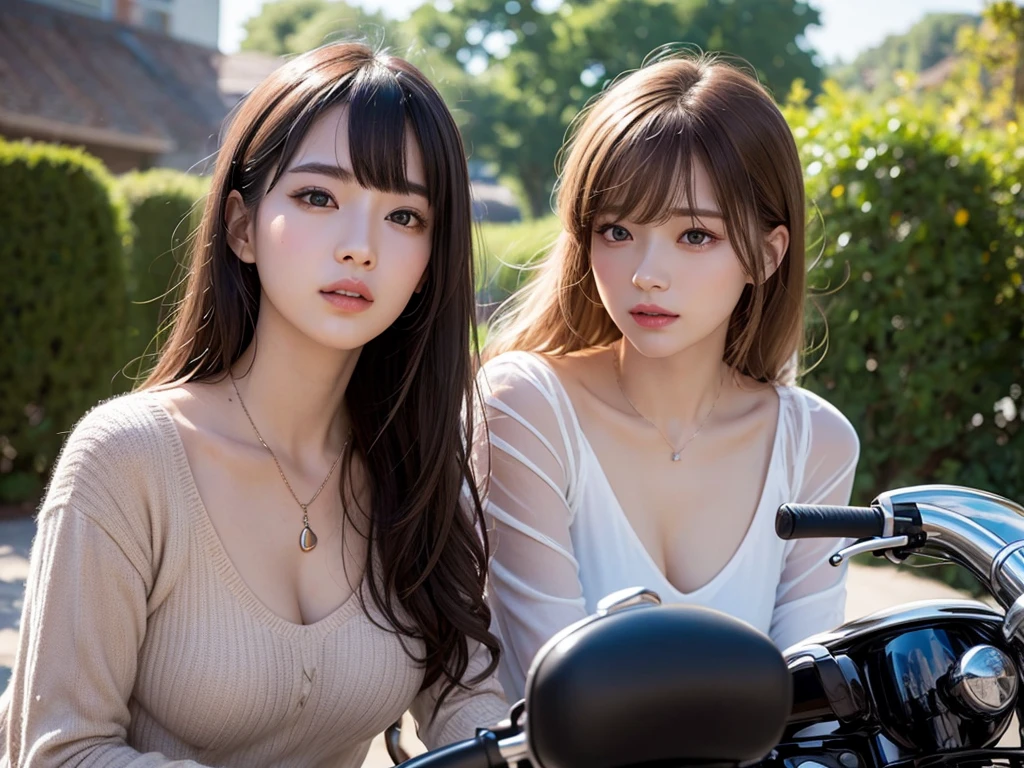 best quality, (photorealistic:1.4), Girl riding a motorcycle((daytime)),bright look、photorealism、highest quality、ultra high resolution、photograph、the most beautiful nordic girl photo、cute and beautiful face details、(small face:1.1)、(face to face with the children_V1:0.008)、beautiful bangs、alice in wonderland、17-year-old、shining white skin、hair gets tangled in face、Bangs that extend all the way to your face、bangs、hair between eyes、Curly hair、super long hair、Charming pink super long straight silky hair、thin hair、Attractive and shining beautiful bright and clear light blue big eyes、thin waist、shorts、sweater、high heels、eyeliner、double eyelid、refl (beautiful Background,detailed background:1.5), (masterpiece, best quality:1.3),beautiful detailed glow,best illuminate,(((best quality,textile shading,ultra detailed))),extremely detailed CG unity 8k wallpaper,Highly Detailed beautiful and aesthetic,best light,high resolution,detailed,dynamic lighting,super detailed skin,intricate details, hyper detail, sharp detail,detailed, highres, intricate details,(delicate facial features:1.3), (very wide:1.3),(panorama view:1.3),(sense of depth:1.5),(long shot:1.3),(magnificent view:1.3),(pale skin:1.3)、