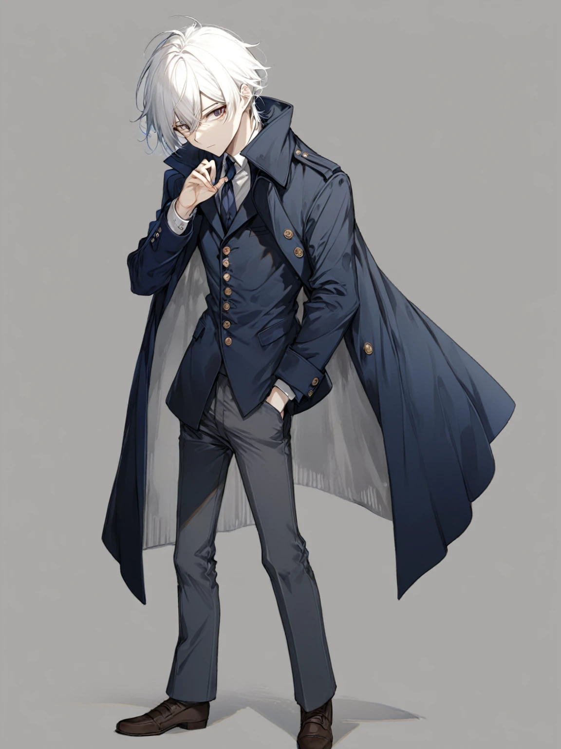male, anime style, 2d, young, white hair, dark blue coat, dark grey pants, standing pose,  high definition