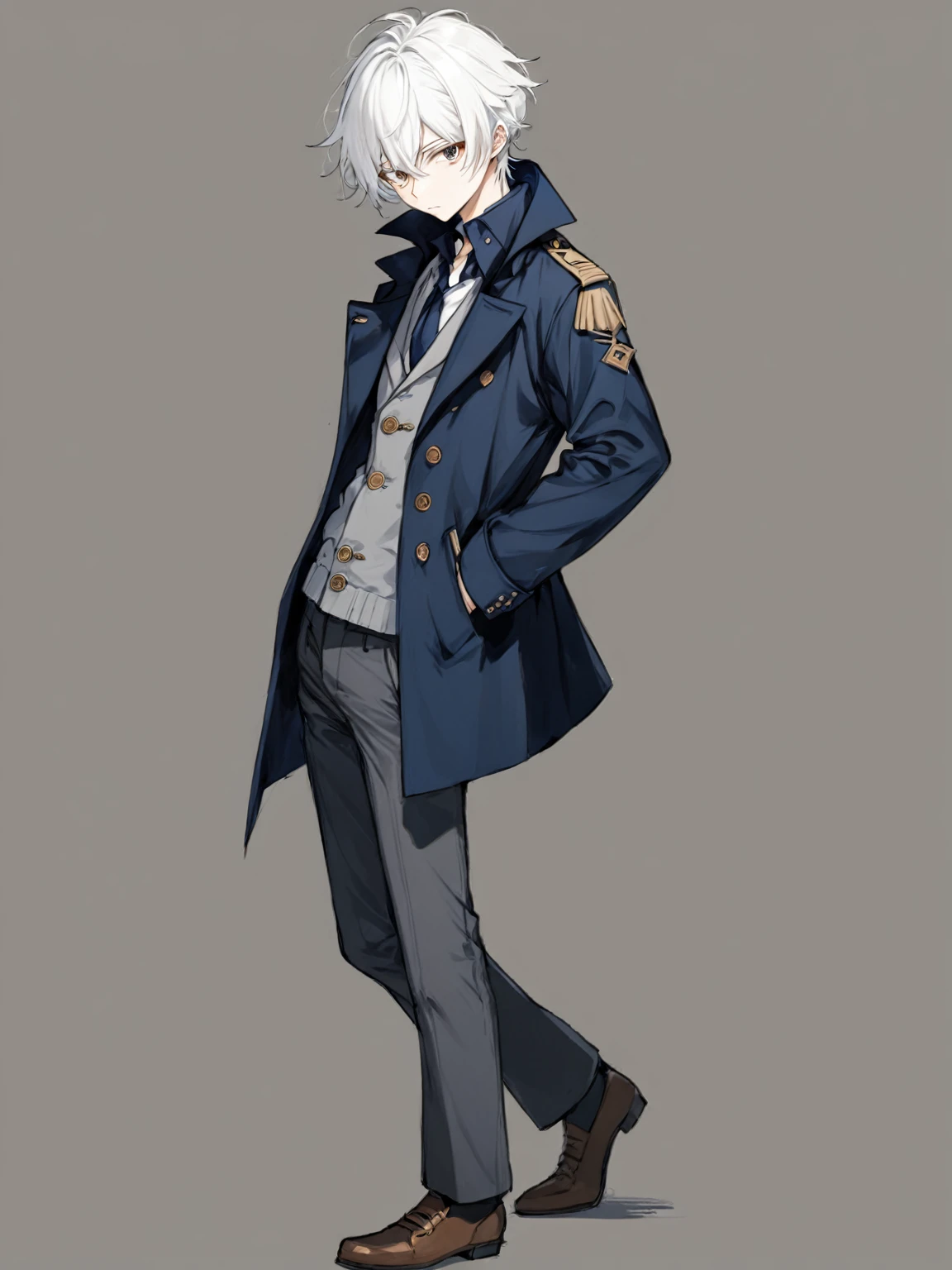 male, anime style, 2d, young, white hair, dark blue coat, dark grey pants, standing pose,  high definition