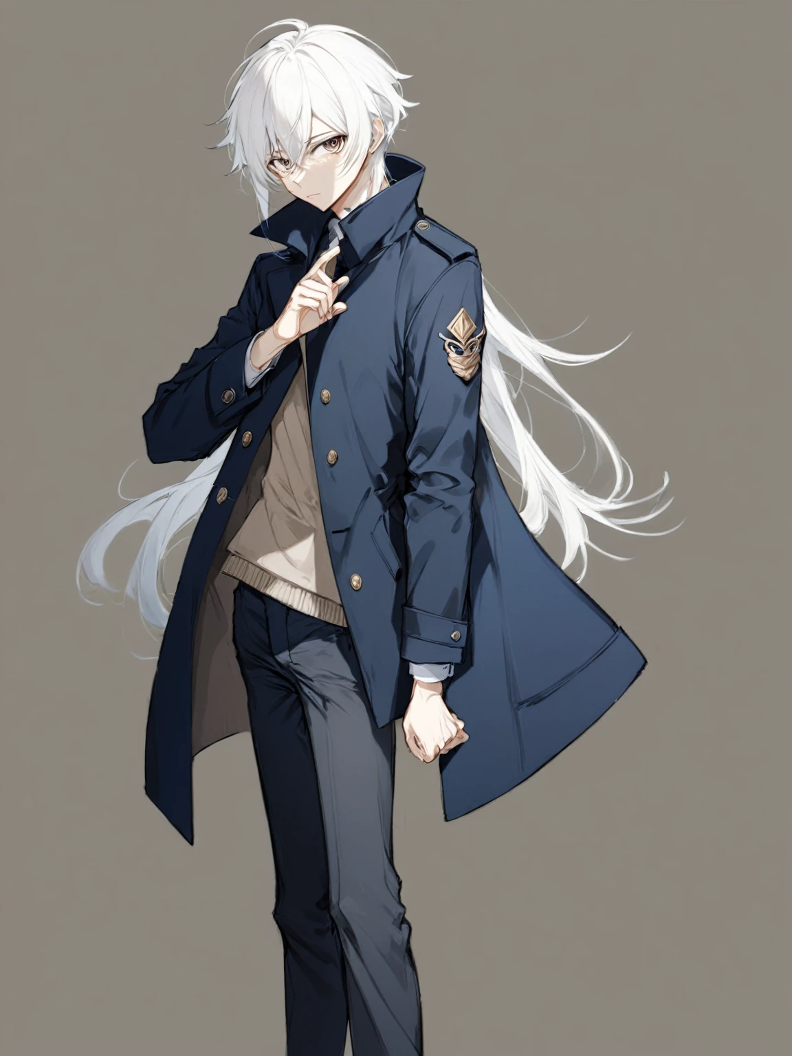 male, anime style, 2d, young, white hair, dark blue coat, dark grey pants, standing pose, high definition