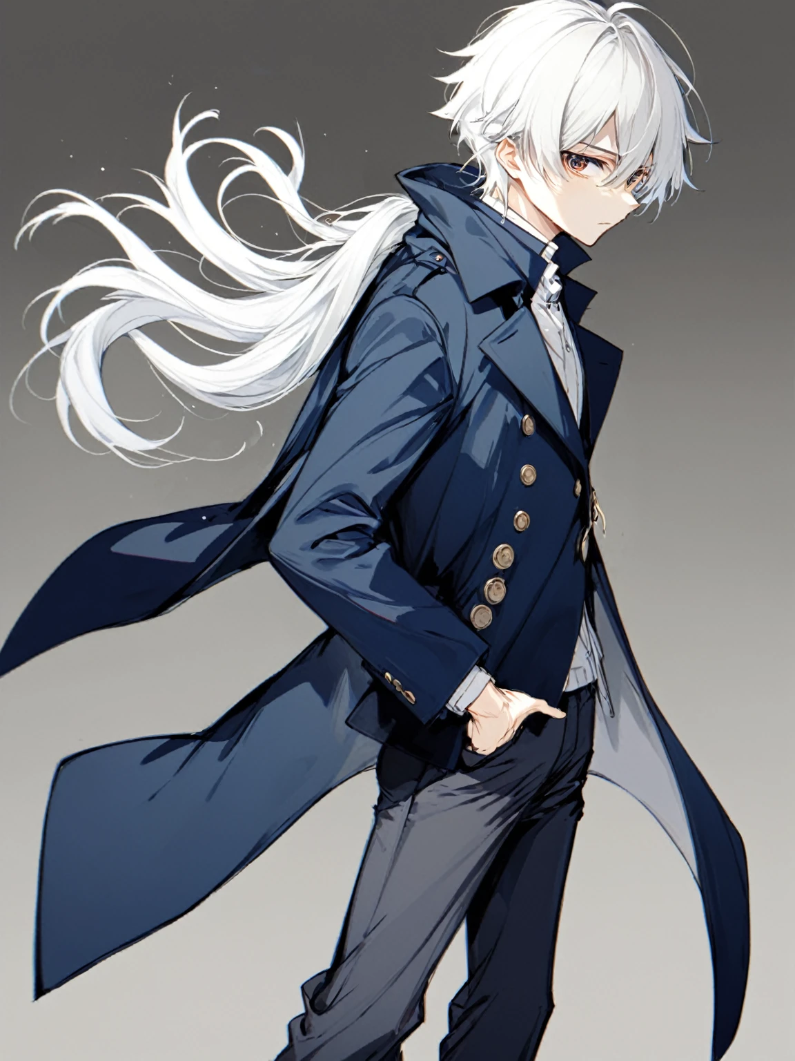 male, anime style, 2d, young, white hair, dark blue coat, dark grey pants, standing pose, high definition