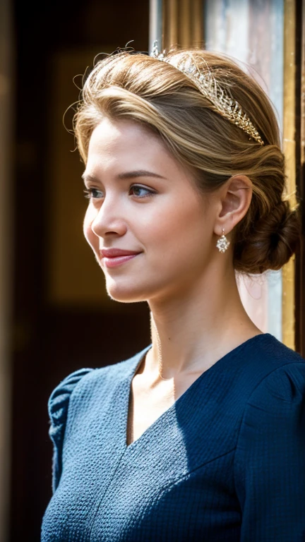 1boy and 1 girl exist, 1boy, English male  is 40 years-old, height 180cm , gold hair,  WW II, Royal Navy, officer, Cornell, Navy Uniform,  1 male is Denmark princess, White girl ,Age: 20 age_old,  gold hair, chignon, closed eye, little smile, gorgeous princess long dress, hiheals , on floor, palace、UHD, accurate, anatomically correct, textured skin, super detail, high details, high quality, best quality, 4K,