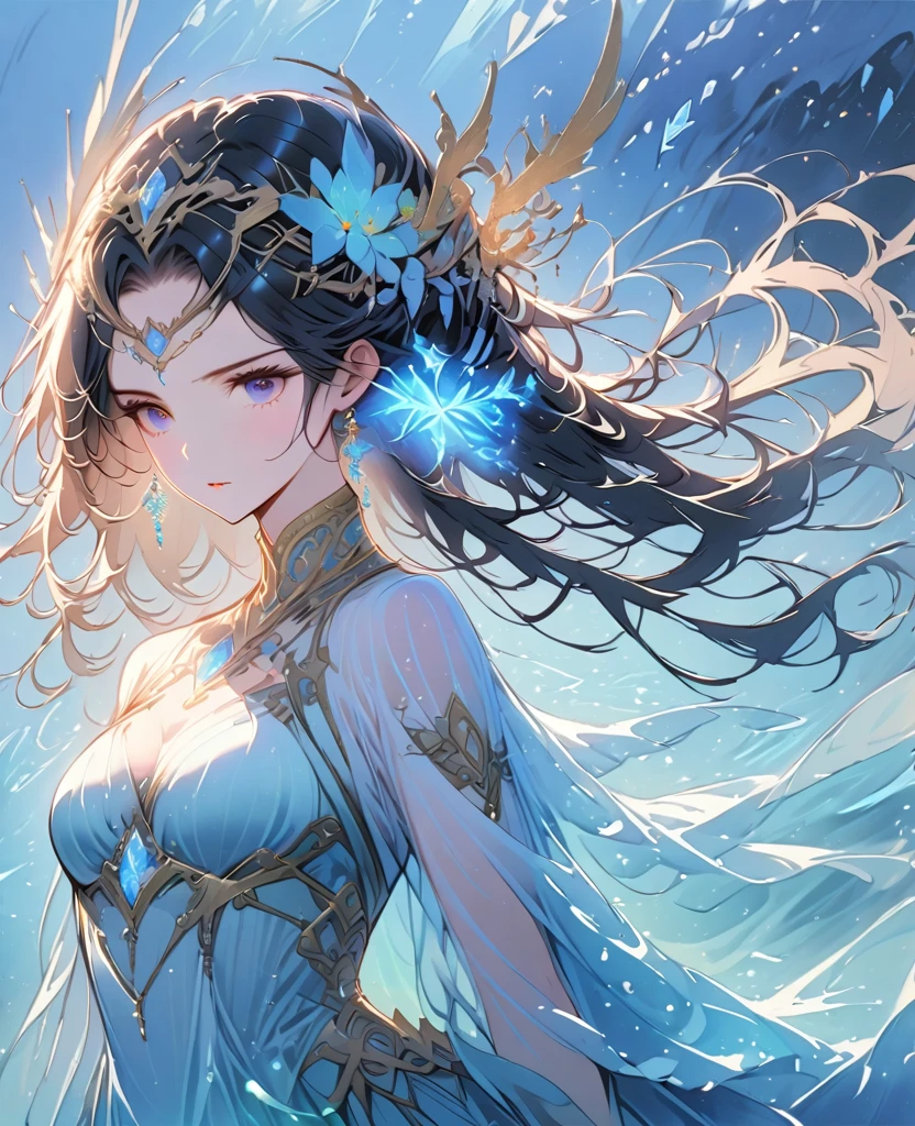 1girl, water, 3/4 view, Aquascend energy surrounding her, flowing locks, flowing white and blue dress, coral and fish swimming around her, underwater scenery, detailed facial expression, gentle hands, soft focus, warm lighting, mystical aura, oceanic background