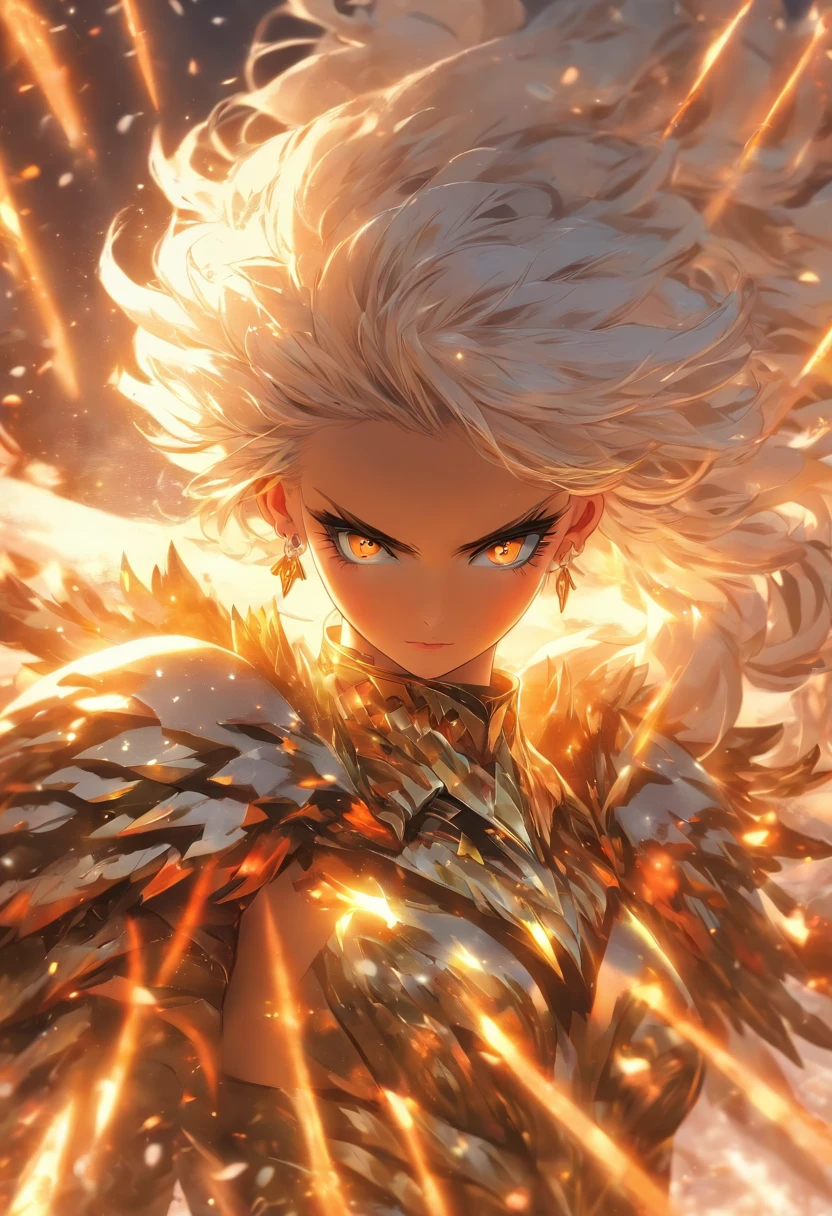 A Russian girl in her early 20s with ash grey hair, The most beautiful and sexy warlord goddess, platinum white hair, glowing orange eyes, dark skin, highly detailed white spiked battle armor, golden angel wings, tattoos and piercings, flower pedals blowing in the wind, post apocalyptic winter world, perfect masterpiece, high quality, high resolution