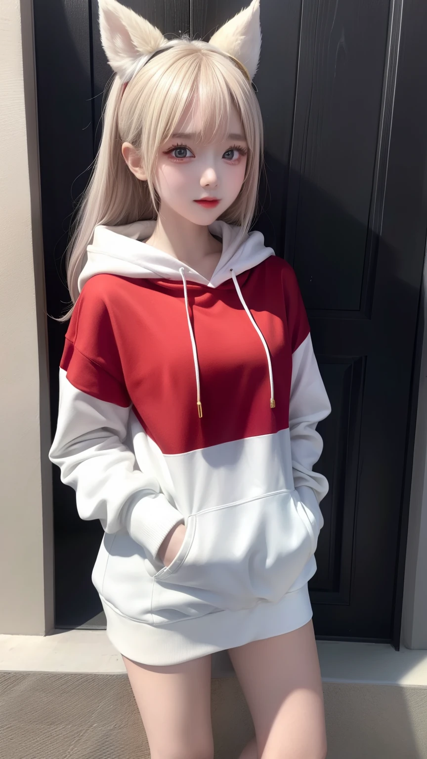 Kagamine rin , 1 girl , wearing a red hooded sweater , white miniskirt with gold horizontal lines , viendo al espectador , bragas visibles , rostro seductor 