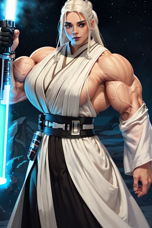 ((((Massive, tall, beautiful, buff, muscular light brown skinned female Jedi with white hair, ginormous bulky muscles, holding a lightsaber and wearing an all white Jedi outfit and pleated skirt)))), (close view), black eyeliner, massive muscles, massive biceps, hyper muscle triceps, (long straight hair), blue eyes, Jedi boots, In space, Jedi outfit, nighttime, confident smile, (hyper muscles arms), hyper muscle legs, (ginormous arms)