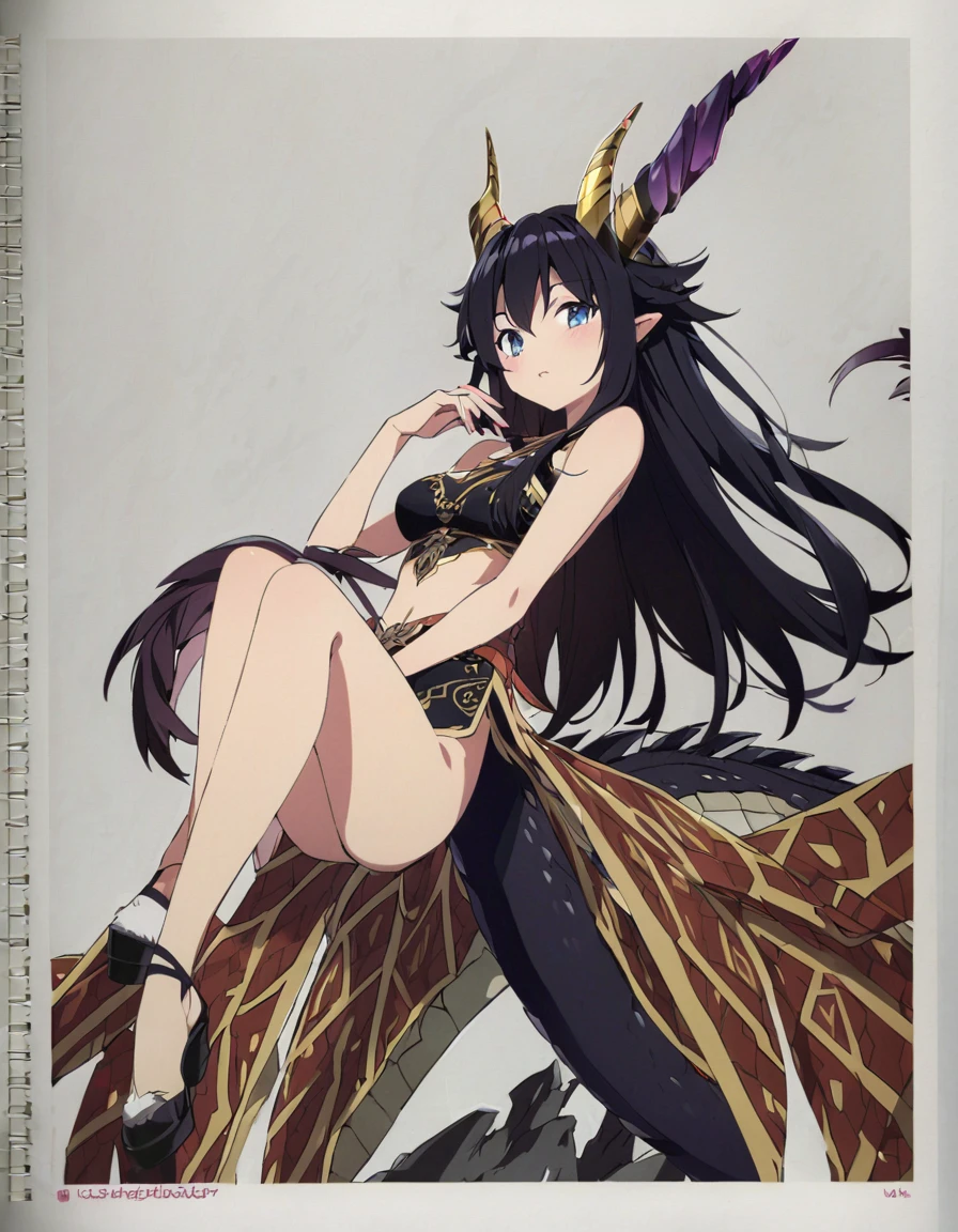 Dragon girl with crystal　golden horn　Black Hair　Dragon's tail