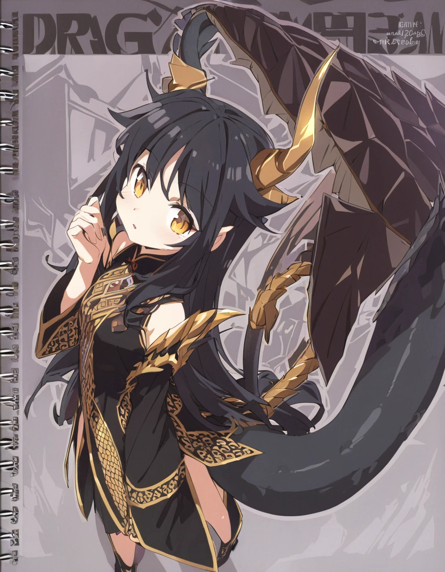 Dragon girl with crystal　golden horn　Black Hair　Dragon's tail