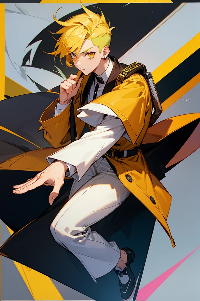 1man, yellow hair, undercut hairstyle, yellow eyes, wearing army outfit, full body, masterpiece, best quality,