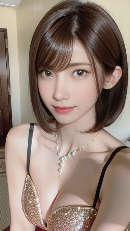 Enako,
One Woman,
Brown Hair,
straight(Short Hair.05),
Pearl decoration,
Golden Necklace,
hair ornaments,
Natural skin texture,Slightly large breasts,Narrow waist,
Pink lipstick,
((Glamorous dress in black color)),
one's home,room,indoor,couch,
Slightly larger breasts,Beautiful valley,expression(smile),blush,from the front,Upright posture,
Embarrassed,
Depict the whole body,
Beautiful shiny eyes,
Beautiful depiction,
Healthy Body,
Natural clavicle,
Natural hairstyle,
Natural facial contours,
Beautiful image quality,Delicate shades,4K,Very detailed,Delicate light adjustment,Delicate contour drawing,