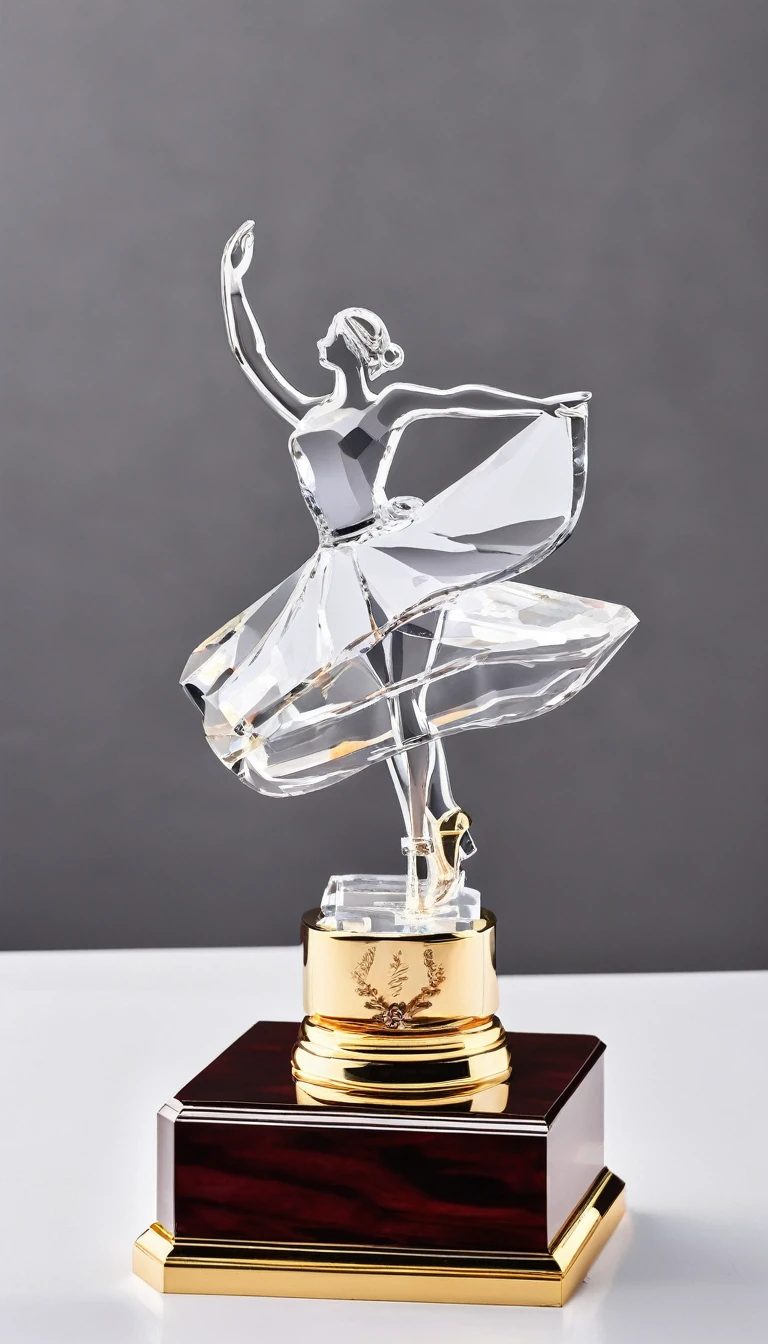 A dance trophy;A crystal trophy made of a pair of crystal ballet shoes,Wooden square base,Simple and elegant;There is a gold metal nameplate on the base;Dance shoes staggered rise,Ribbon embellishment。White background。Front view。