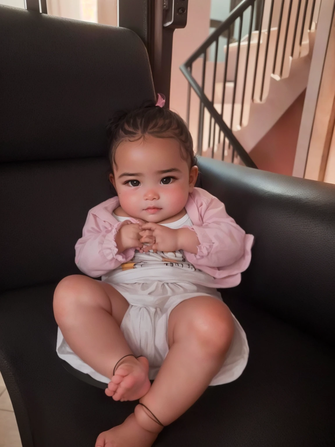 there is a baby sitting on a black chair with a pink shirt, babies in her lap, sitting on chair, sitting in chair, beautiful cute, intense expression, innocent face, very very low quality picture, sitting in a chair, taken with sony alpha 9, cute beautiful, riyahd cassiem, nivanh chanthara, innocent look, potrait