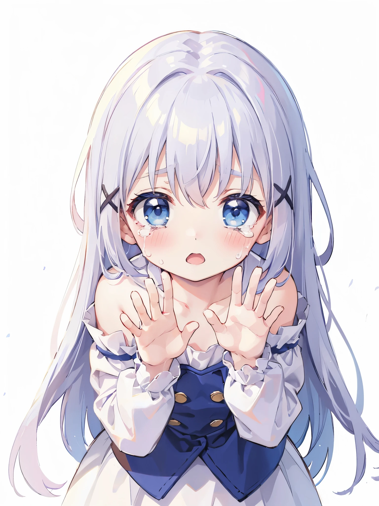 white middle , girl asking for help, Crying, leaning forward, waving hands,white background, white long hair, Damaged clothes, flat chest, looking at the camera,