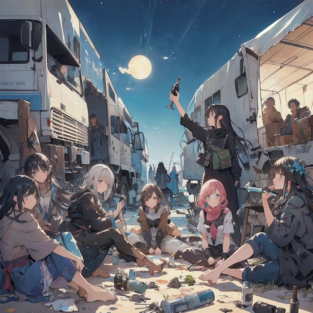 Group of refugees sitting on the ground holding wine, Everyone is smiling with carefree faces,Dirty clothes,War-torn land,Old Truck,Josan Gonzalez, Josan Gonzalez, inspired Josan Gonzalez, posuka demizu, Yoji Shinkawa and Joff Darrow, Then Martin, Gweitz, artwork in the style of Gweitz, Josan Gonzalez!!!, 4K Manga Wallpapers, Great art style