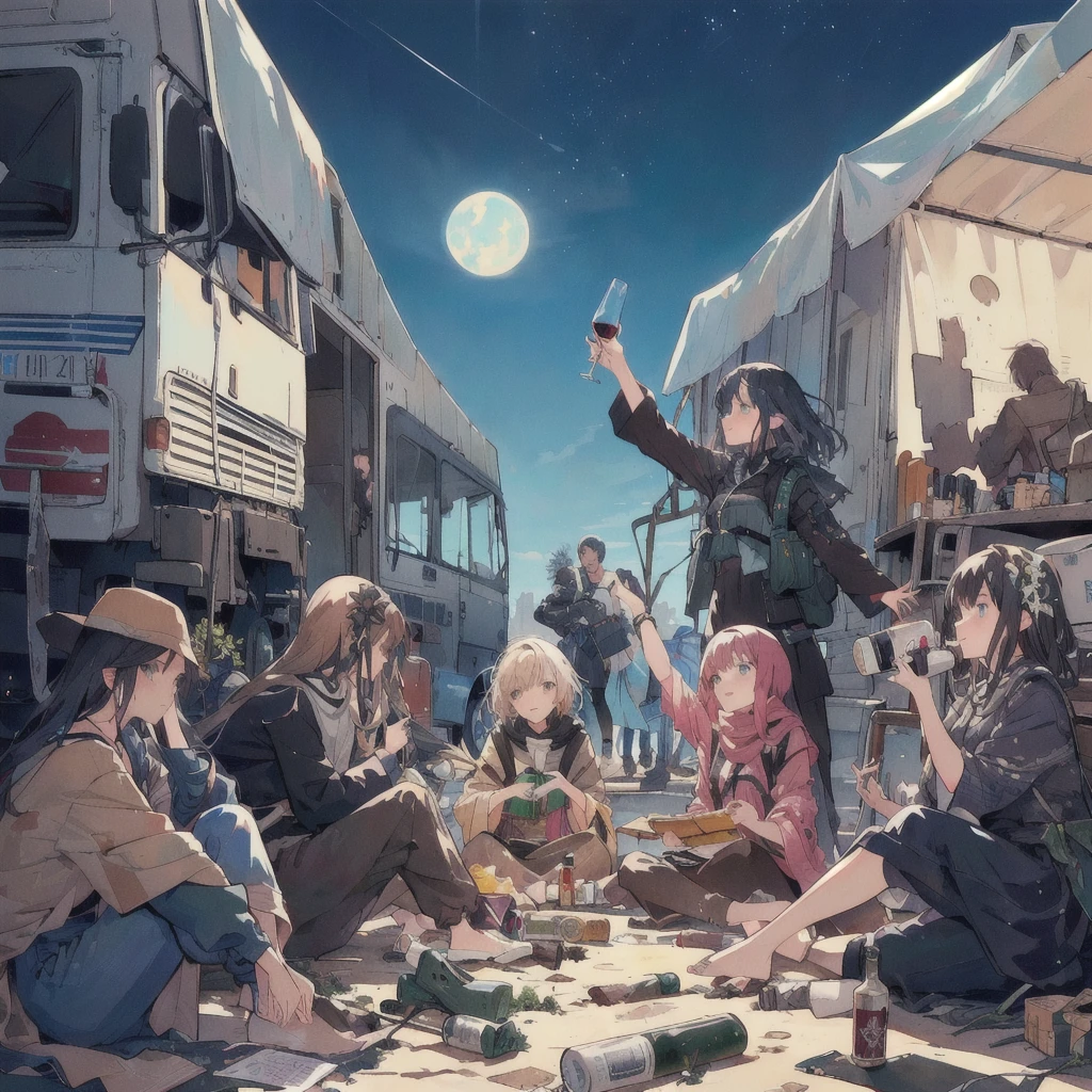 Group of refugees sitting on the ground holding wine, Everyone is smiling with carefree faces,Dirty clothes,War-torn land,Old Truck,Josan Gonzalez, Josan Gonzalez, inspired Josan Gonzalez, posuka demizu, Yoji Shinkawa and Joff Darrow, Then Martin, Gweitz, artwork in the style of Gweitz, Josan Gonzalez!!!, 4K Manga Wallpapers, Great art style