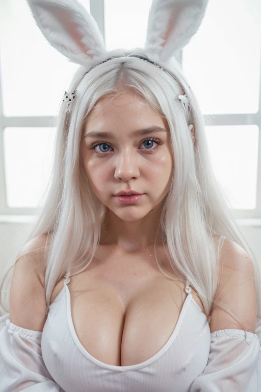 White bunny, pouty-sad face, ((big scar in her adbomen)), fluffy stuffed animals, ethereal, sexy face, tear in her eyes, long white hair, bunny fluffy outfit, short white dress, model, cute face, sweat, 8k hyperrealist, (very detailed face), (selfie point of view), bunny outfit, unexposed, girl