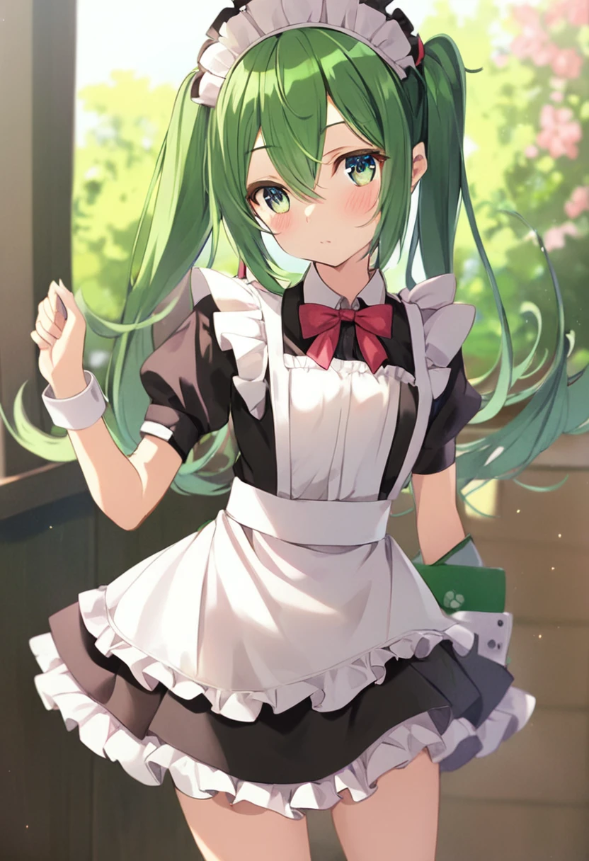 Summer vacation,(8-year-old girl:1.2),Akihabara Maid Clothing,mini skirt,Green Hair Anime Girl,(Twin tails:1.1),Small breasts