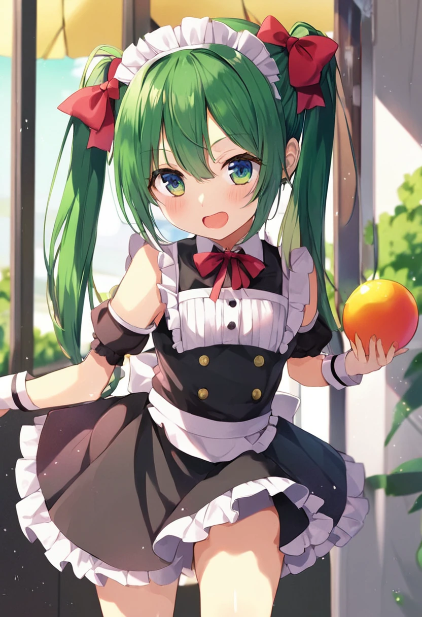 Summer vacation,(8-year-old girl:1.2),Akihabara Maid Clothing,mini skirt,Green Hair Anime Girl,(Twin tails:1.1),Small breasts