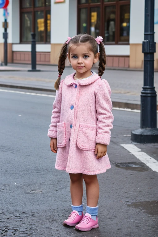 Full body view of a 4  Russian girl with dark skin brown hair that is tied into cute pigtails and sapphire blue eyes wearing pink clothes with lots of pockets on the streets of Moscow Russia