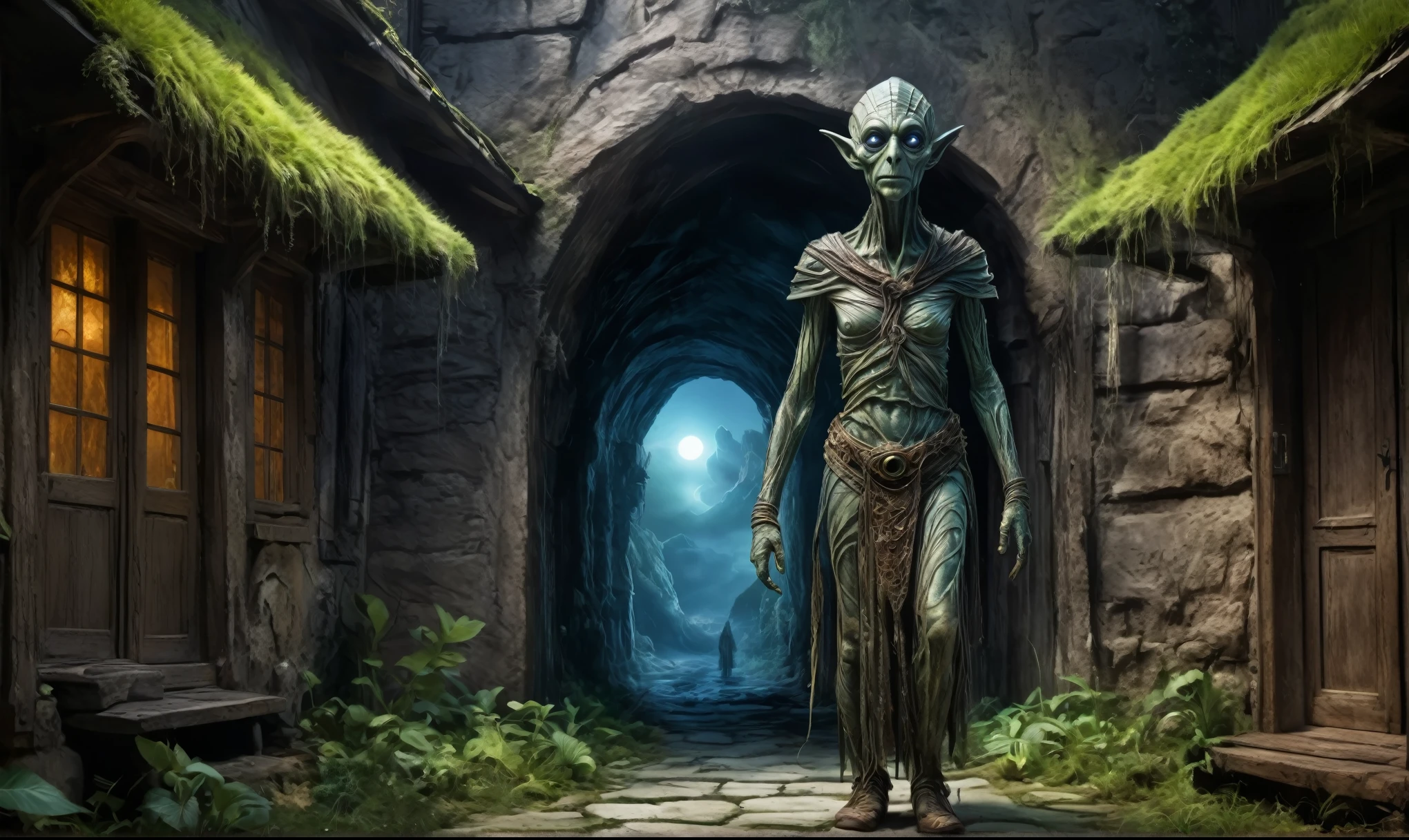 full body length shot,very beggar niobium mummy of Alien Entity,native britain half Puck, wants eat,survival,fairyland, Medieval castle ,Cinematic,soft colors, Technicolor,natural skin textures, hyper realism, hyper detailed,Extremely detailed,High contrast,Masterpiece,Realistic,Ultra Detailed, intricate details,realistic humid leather,extremly intricate,Epic Realistic, cinematic style, irina yermolova,high contrast,hdr,extremely detailed, deep night landscape,masterpiece, intricate details, eyes extremely detailed, high detailed eyes,8k resolution,retina, Nikon Z9,Norsemade,Li River ,perfect, Elf,transition between two art styles, Double contact, X-ray, Creative, vivid light, fantasy Abstract, Surrealism, super detailed, high resolution, traps against fairies between houses in air,insanity wear