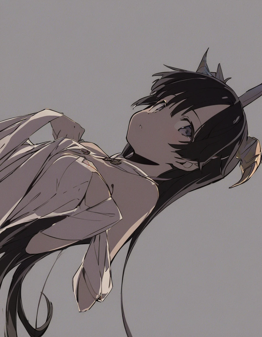 Dragon girl with crystal　golden horn　Black Hair Empty Background